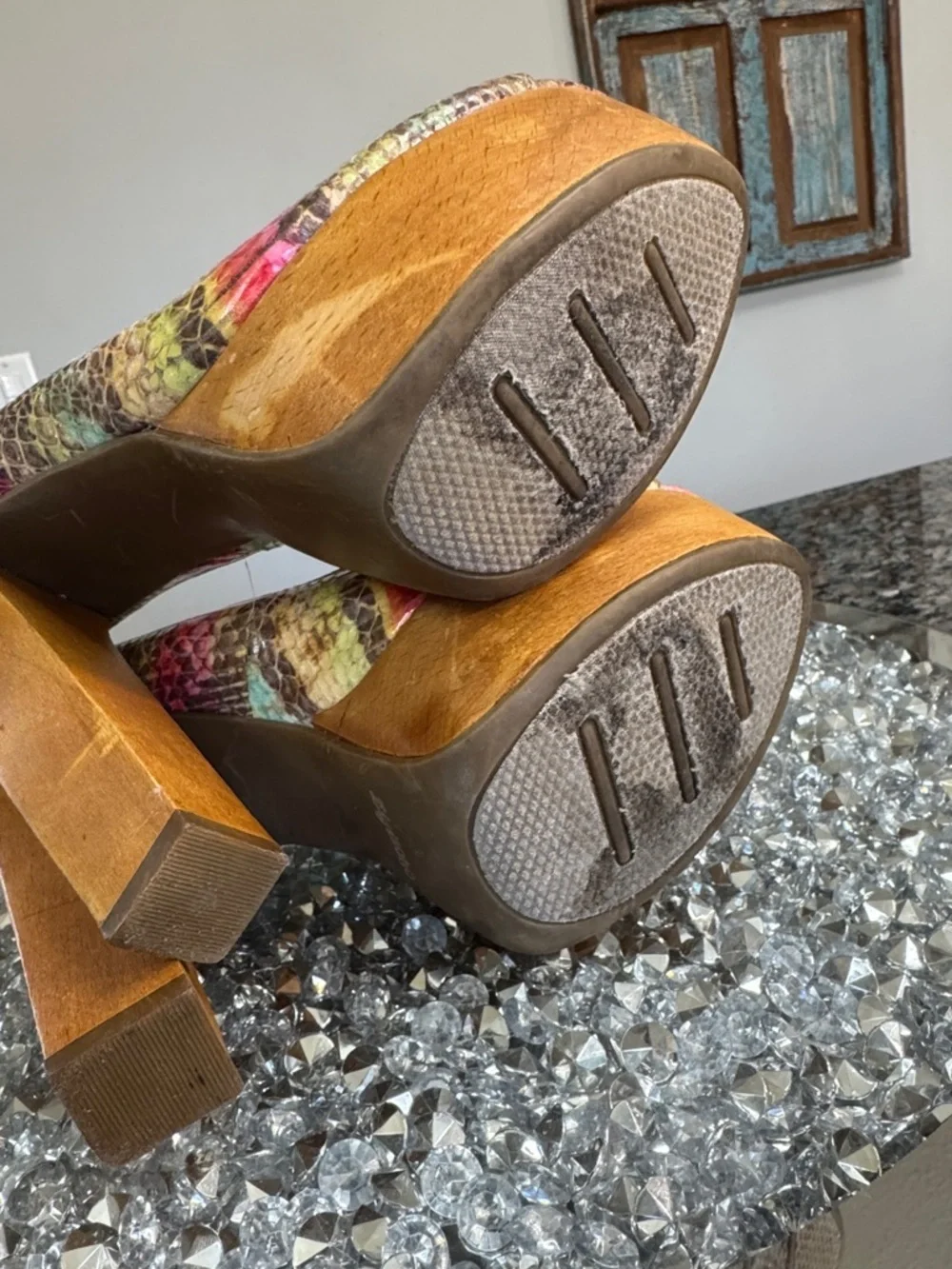 Zigi Soho Yellow Pink Green Multicolor Snakeskin wooden Platform Pumps 8.5 - 9